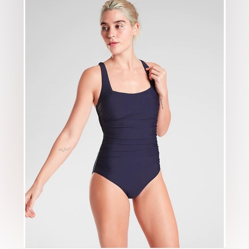 Athleta Square Neck One-Piece Swimsuit Women’s Size Small Navy Blue